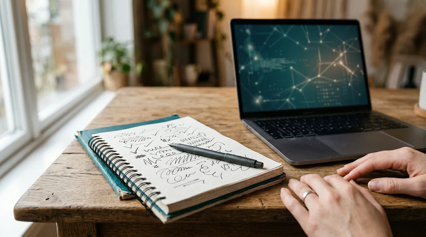 Close-up of a notepad with scribbled marks and checkmarks next to a laptop with an abstract glowing network motif, on a wooden desk in daylight, only hands in frame